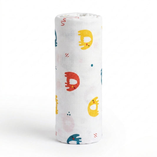Rolled-up elephant swaddle with colourful animal prints on a white background
