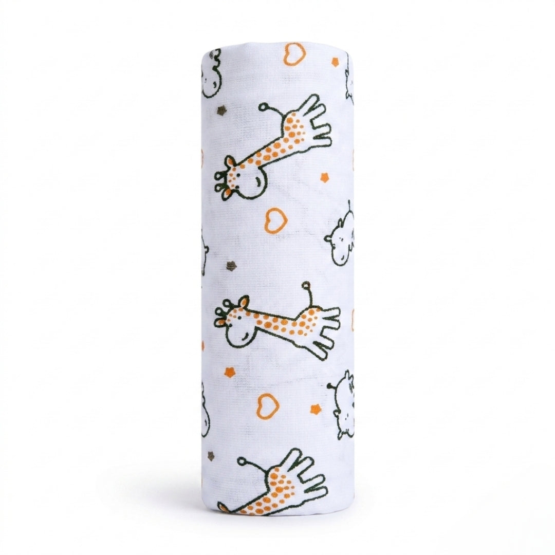 Rolled-up camel muslin swaddle with giraffe pattern on a white background