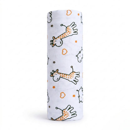 Rolled-up camel muslin swaddle with giraffe pattern on a white background