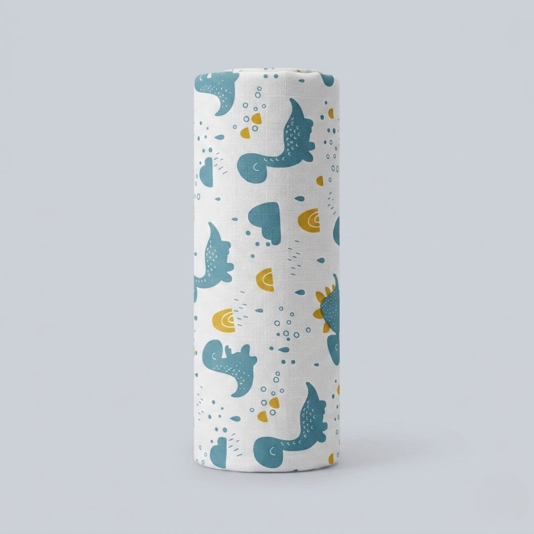 Cylindrical container with blue dino pattern on a light gray background
