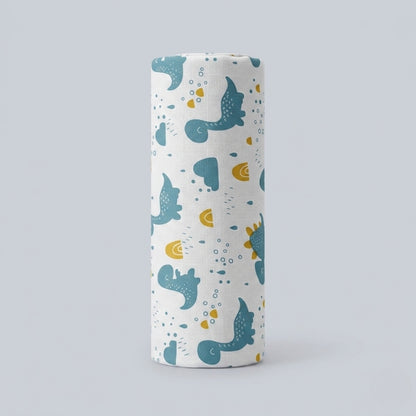 Cylindrical container with blue dino pattern on a light gray background