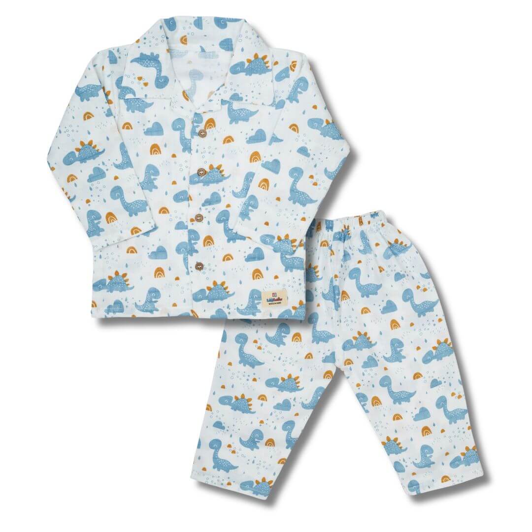 Premium Muslin Western Collar Co-ord Set - Blue Dino | Full Outfit