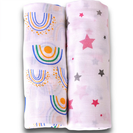 Muslin Swaddle Wrap Set Of 2 - Pink Star & Rainbow