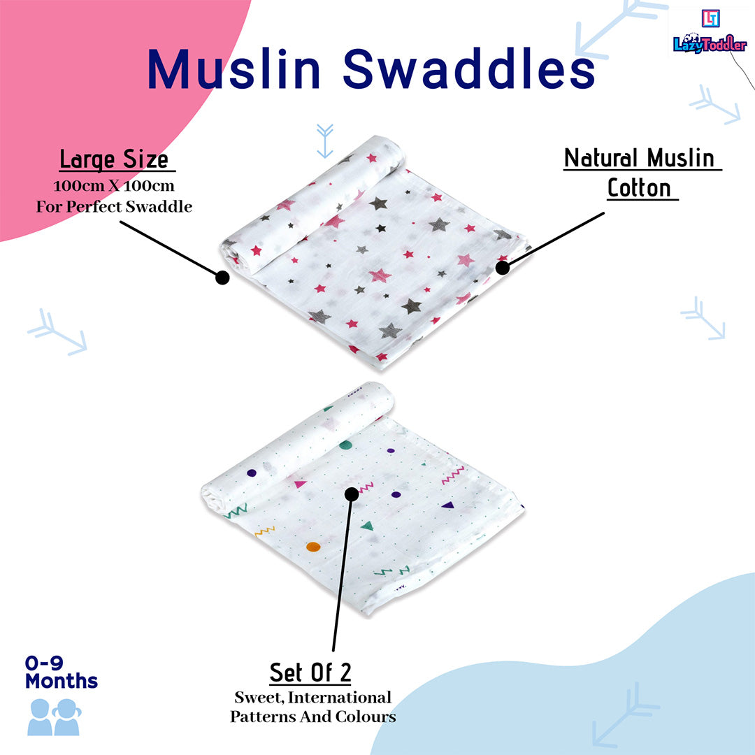 Muslin Swaddle Wrap Set Of 2 - Pink Star & Yellow Star