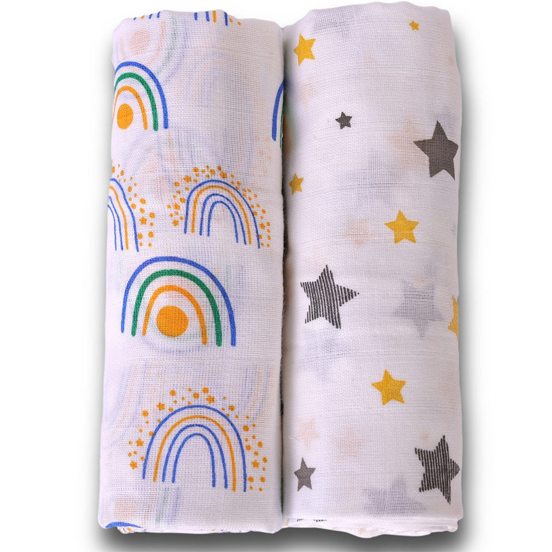 Muslin Swaddle Wrap Set Of 2 - Rainbow & Yellow Star