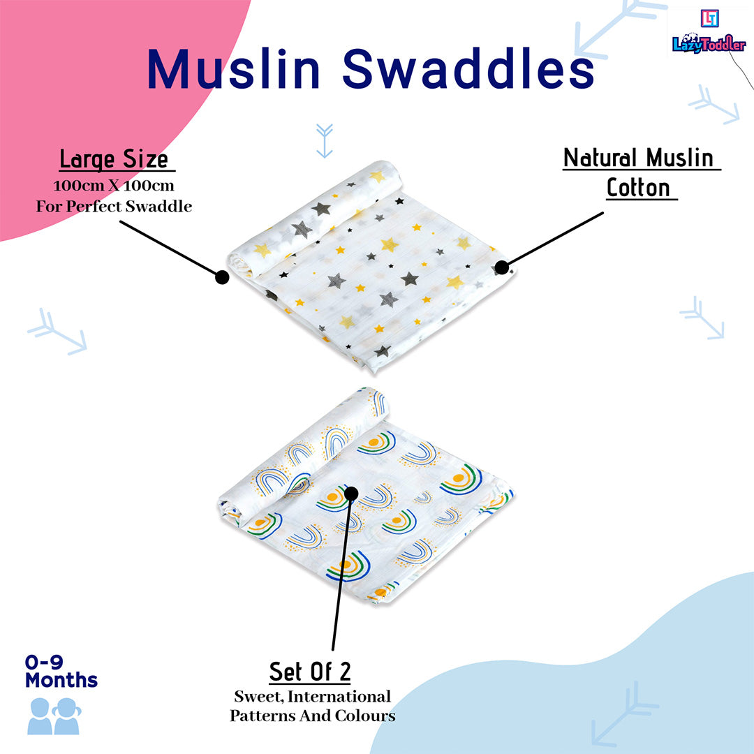 100% cotton swaddles Cozy infant wraps Gentle baby swaddle cloths Dual pack muslin blankets lazytoddler.com