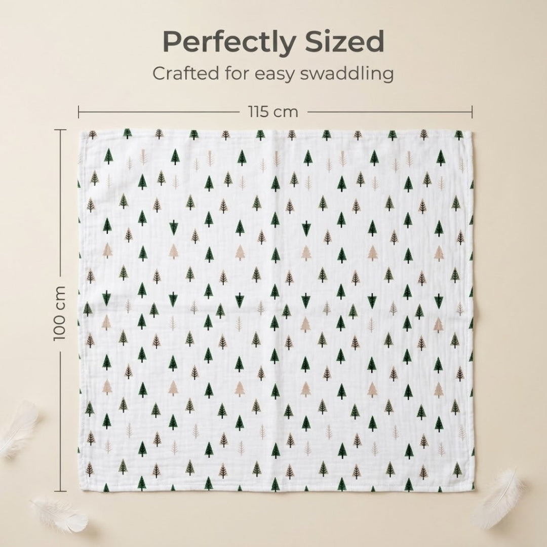 Baby blanket with tree pattern and measurements on a beige background