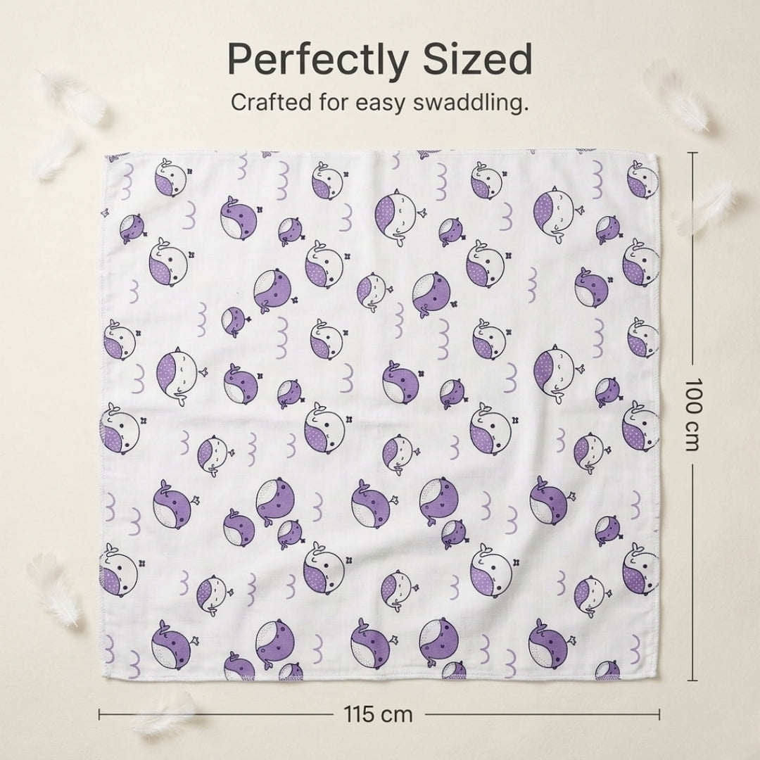 Baby blanket with purple and white pattern on a light background